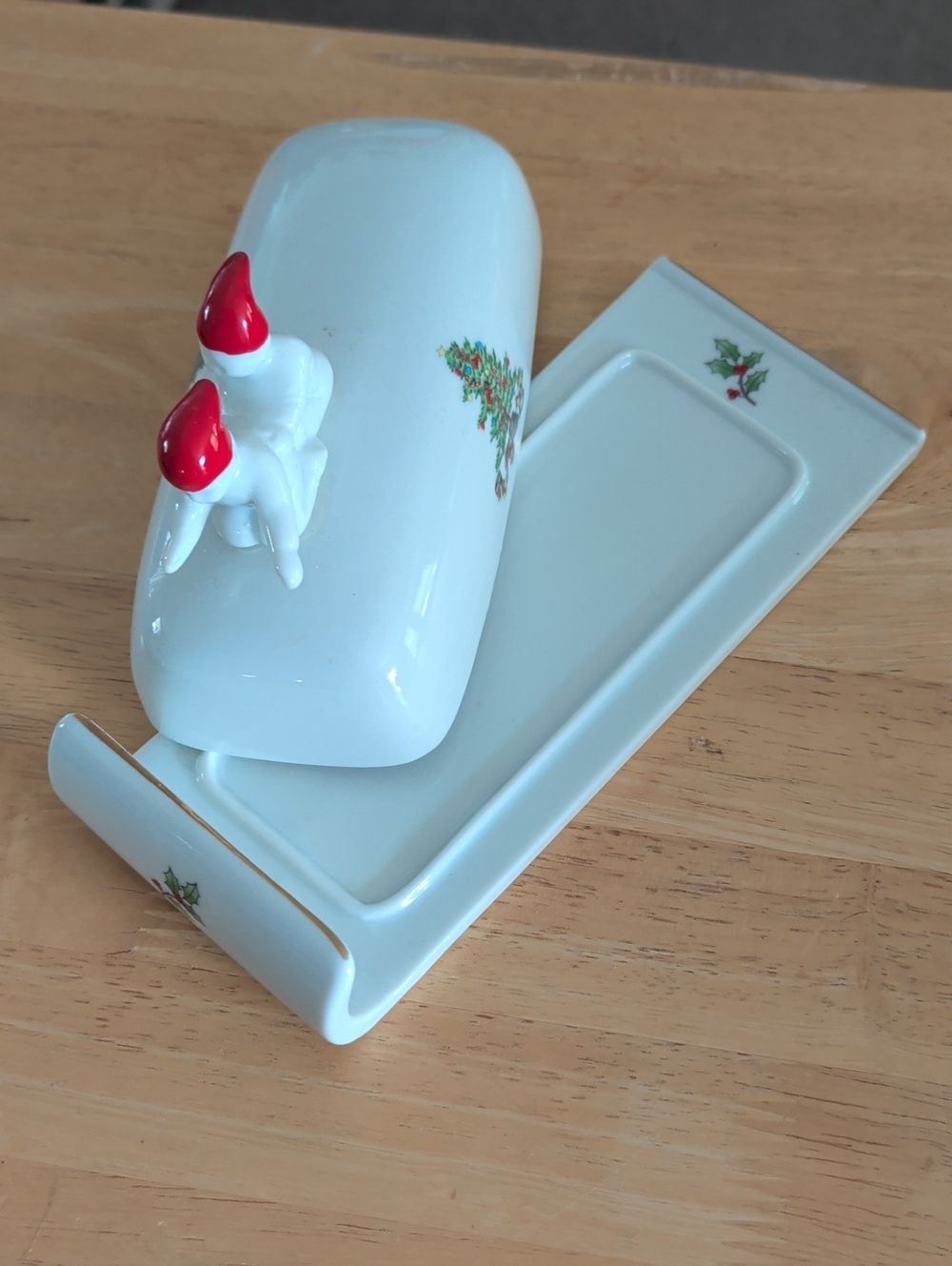 Porcelain Butter Dish with Holiday Holly Motif